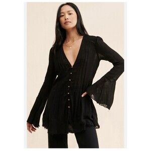 Free People Black Greta Gauze Pleated Ladder Lace Top Med Vneck Bell Sleeve